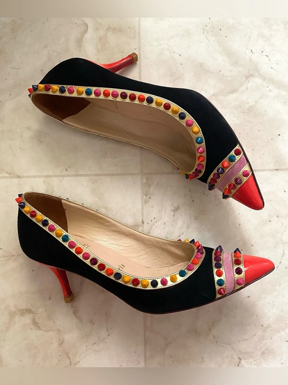 $1,095 Christian Louboutin Black Suede Leather Malabar Hill Spiked Pumps Heels 7